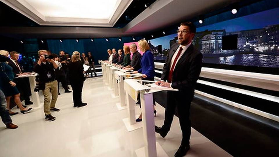 Sverigedemokraternas formand Jimmie Åkesson (i forgrunden) til partilederdebat på SVT. | Foto: /Ritzau Scanpix/Stina Stjernkvist/TT