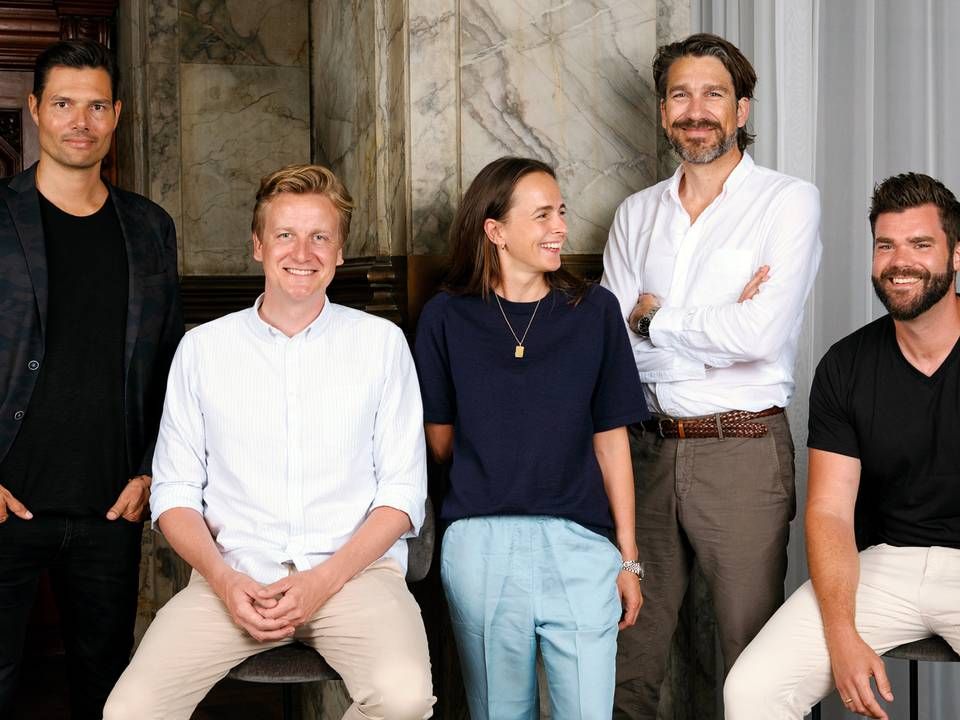 Podimos stiftere og ledelse. Fra venstre er det Sverre Dueholm, Andreas Sachse, Eva Lægdsgaard, Nikolaj Koppel og Morten Strunge. | Foto: Podimo pressefoto