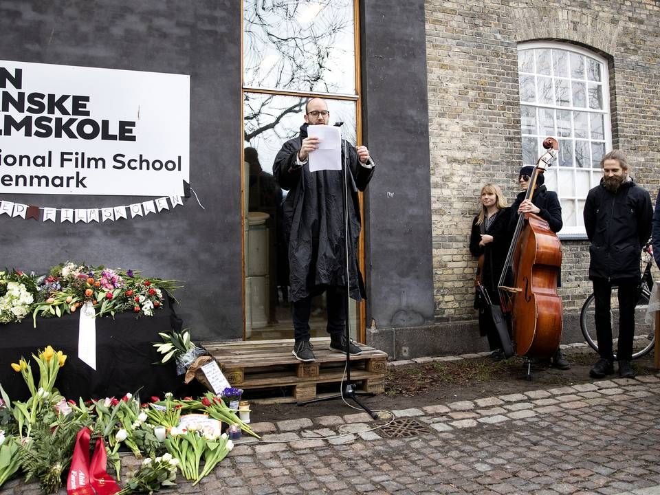 Elever på Filmskolen gennemførte i begyndelsen af året en happening, hvor de begravede skolen, i protest mod ændringer af uddannelsen | Foto: Finn Frandsen/Ritzau Scanpix
