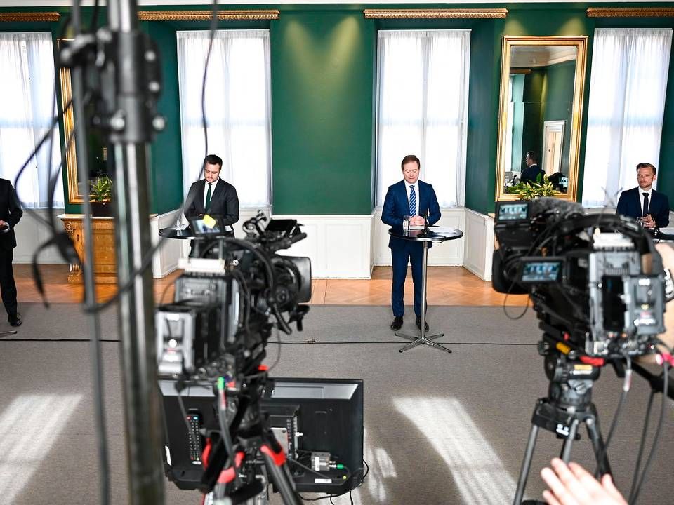 Skatteminister Morten Bødskov, erhvervsminister Simon Kollerup, finansminister Nicolai Wammen og beskæftigelsesminister Peter Hummelgaard ved et pressemøde i sidste uge. | Foto: Philip Davali/Ritzau Scanpix