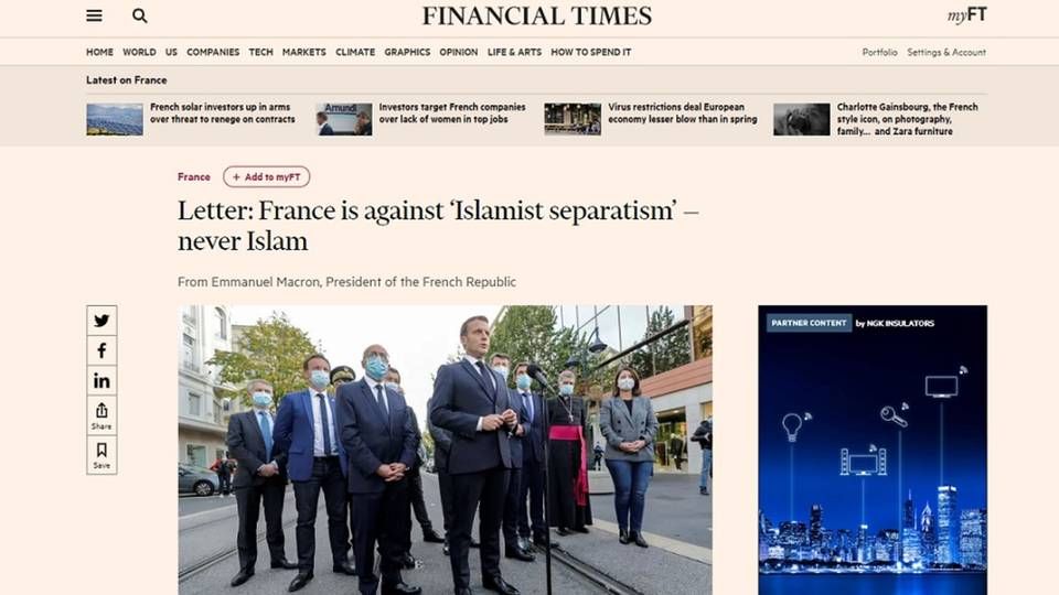 Den franske præsident Emanuelle Macrons indlæg i Financial Times har sat gang i debatten om, om medier i EU læner sig for meget op ad EU-dækningen i medier, der ikke har hjemme i EU | Foto: Screenshot/Financial Times