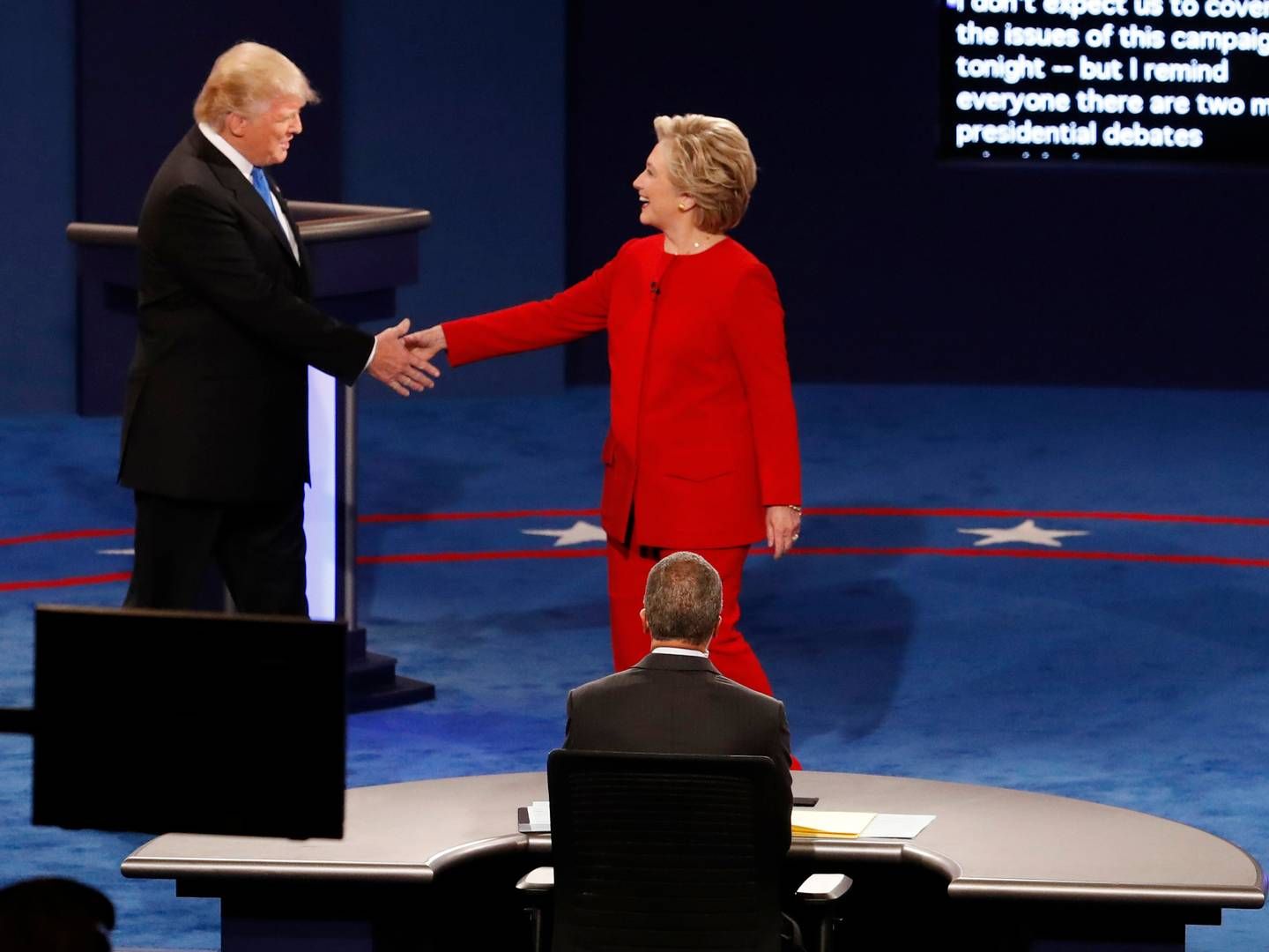 Billede fra sidste uges tv-debat mellem Donald Trump og Hillary Clinton. | Foto: Mary Altaffer/AP/Polfoto