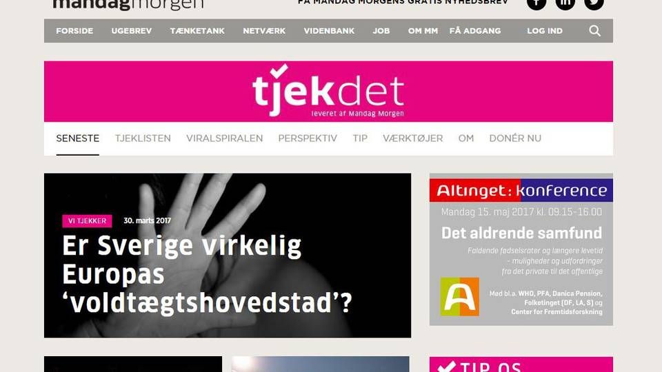 Mandag Morgen har fået innovationsstøtte til faktatjeksitet tjekdet.dk. | Foto: Screenshot fra tjekdet.dk